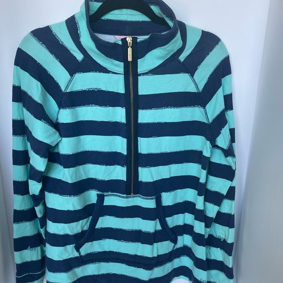 Lilly Pulitzer 3/4 zippered top. Size L. Color Aqua and Navy - Picture 1 of 12